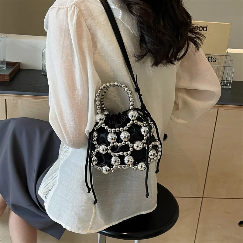 Bolsos de lujo con cuentas para mujer, bolsos de perlas tejidas huecas, bolso de hombro con cordón, bolso de noche para mujer, bolso de mano para fiesta y boda