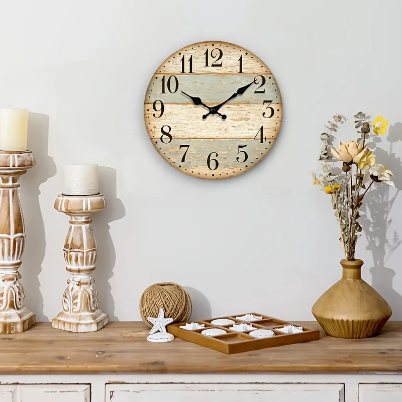 A Round Wall Clock with a Distressed Light Wood Grain Finish, Featuring a Simple and Sophisticated Decorative Style. It Operates Silently Without Ticking, Making It a Perfect Back-to-school Season Gift. Suitable for Home Decor and Gifting