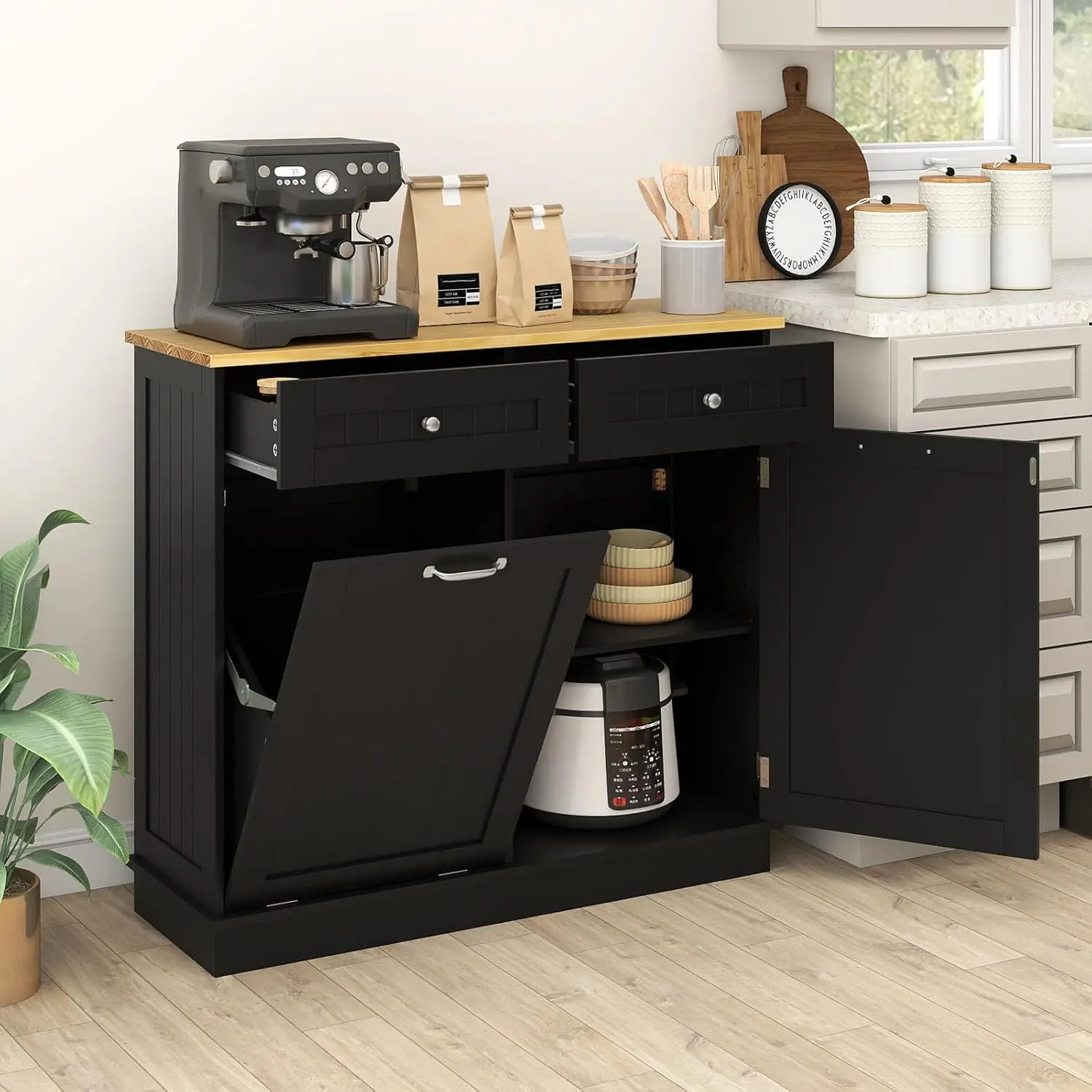 #Black Kitchen Trash Cabinet Island Tilt Out 14.5Gal Garbage Bin Wood Top 2 Drawers Adjustable Shelf, Customized