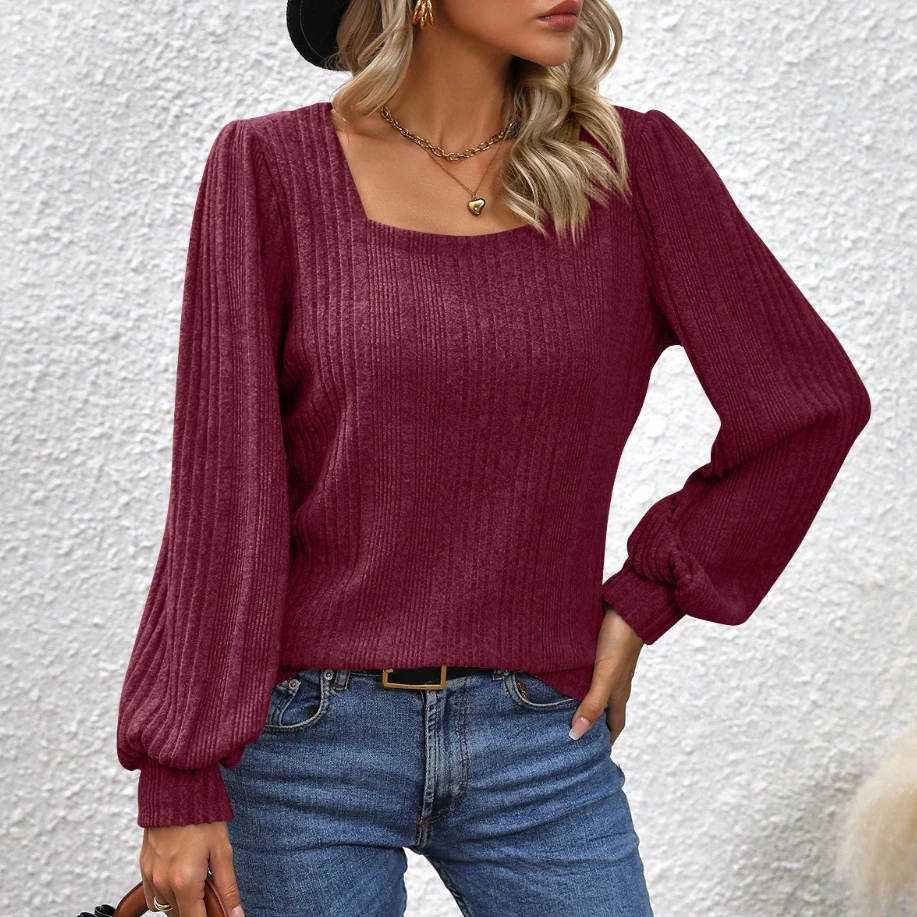 

Women's 2023 New Hot Selling Casual Fashion Pit Striped Brushed Square Neck Lantern Sleeve Long Sleeve Top In Stock