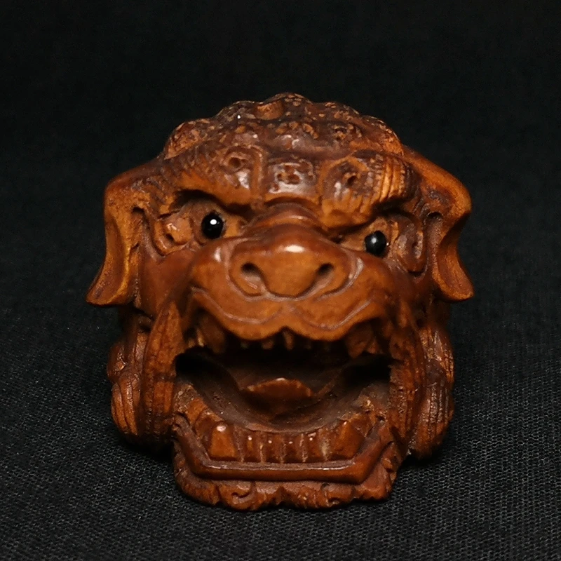 

1919 Antique art Size 1.5 Inch Signed Old Hand Carved Boxwood Lion Head Statue Netsuke Gift Collection