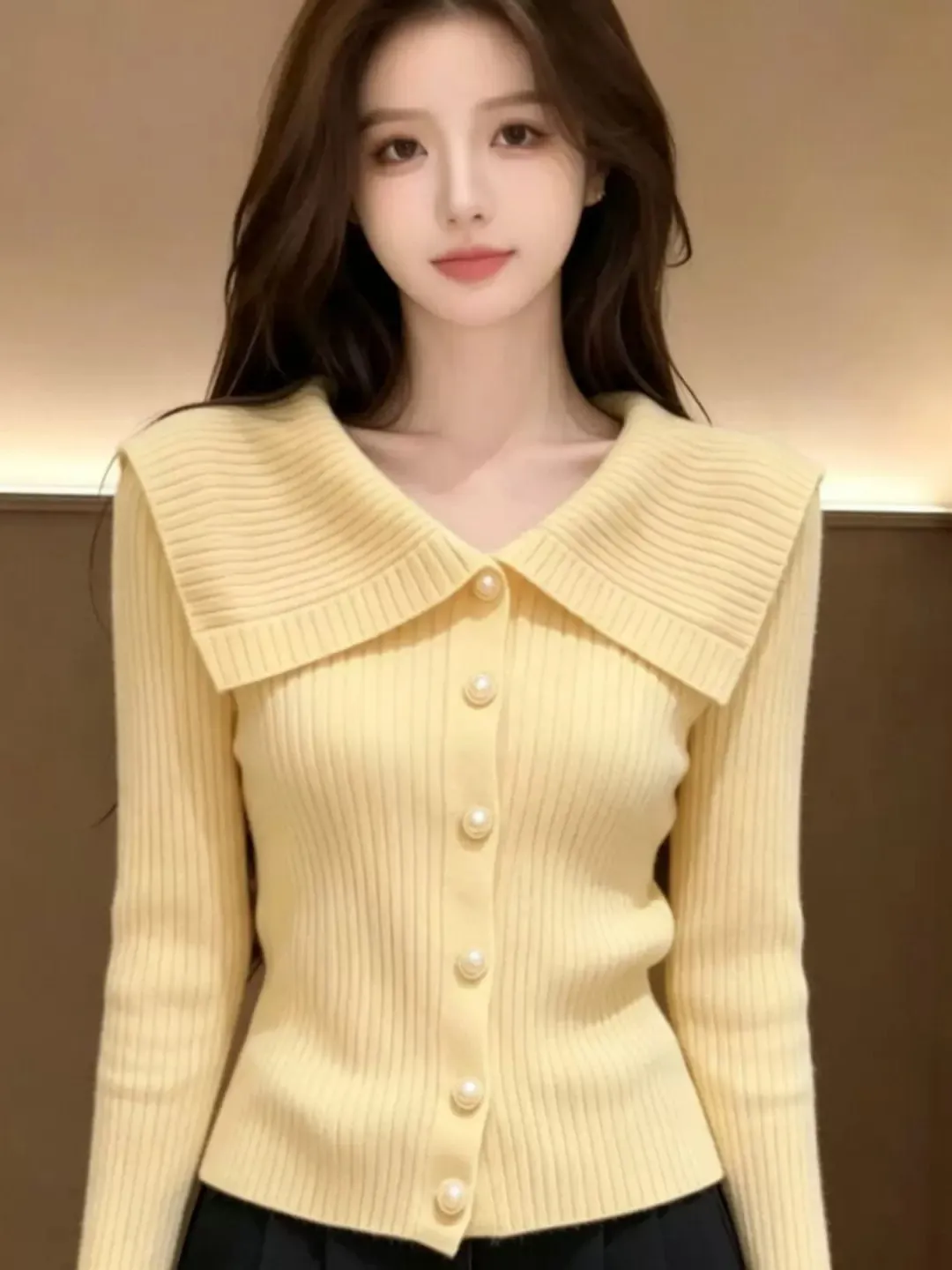 Yellow Oversized Asymmetrical Collar Knitwear Long Sleeve Early Autumn Women's Fashion Unique Beautiful Outerwear Cardigan Top