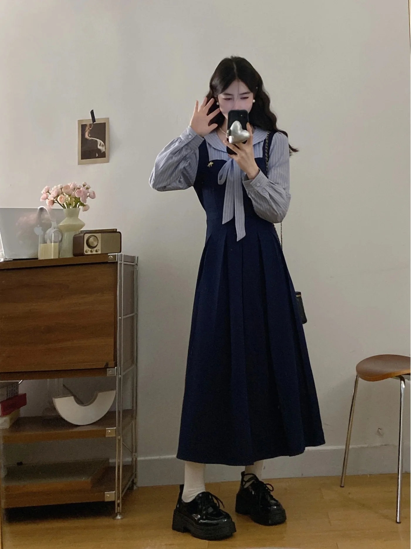 

plus Size Women's A-Line Long Dr Knot Color Blo Fake Two-Piece Autumn Slimming High Waist Commuter Sle Korea...