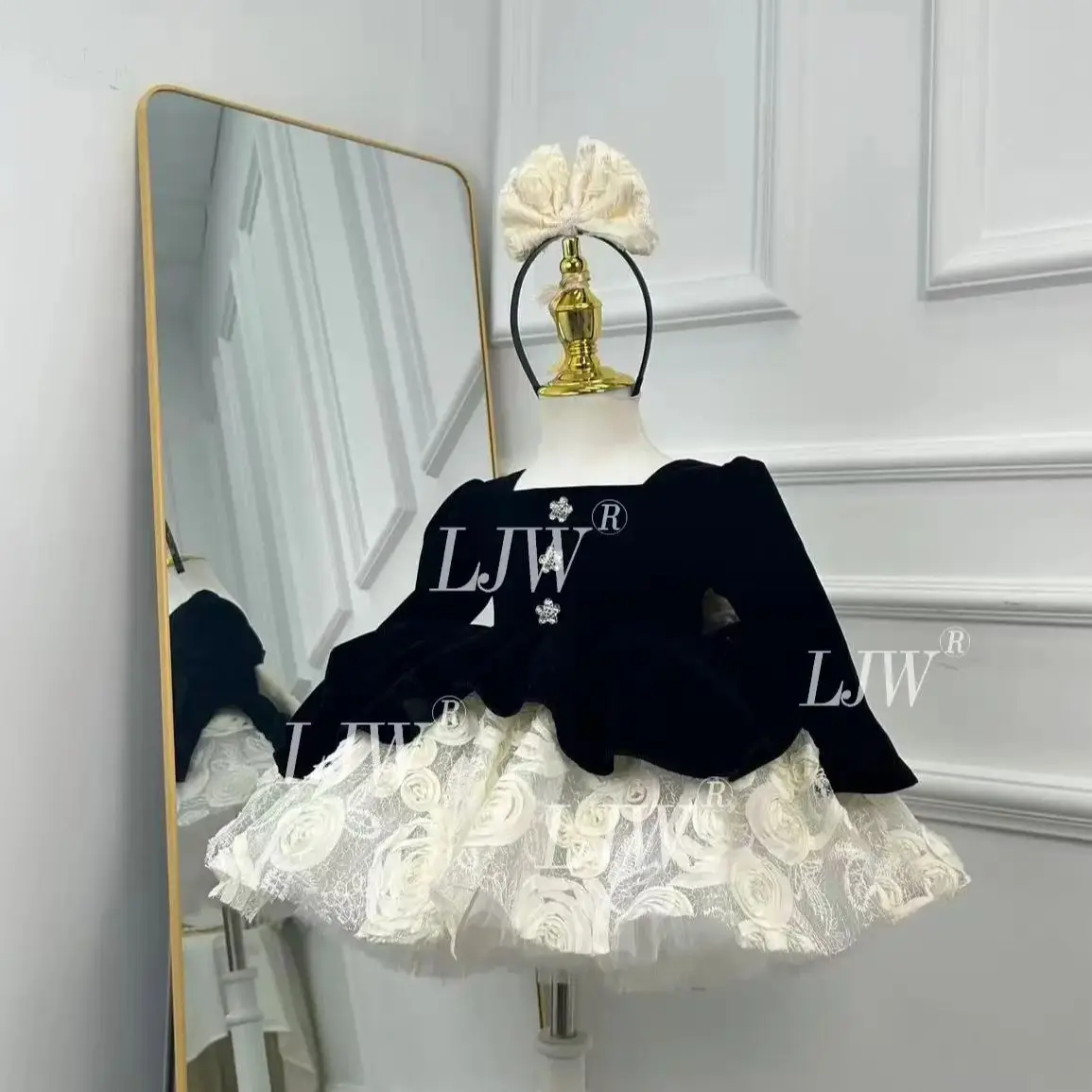 Dream Three-dimensional rose High-end girls' formal dresses French style Elegant Long Sleeve Birthday Party Evening Gown wedding