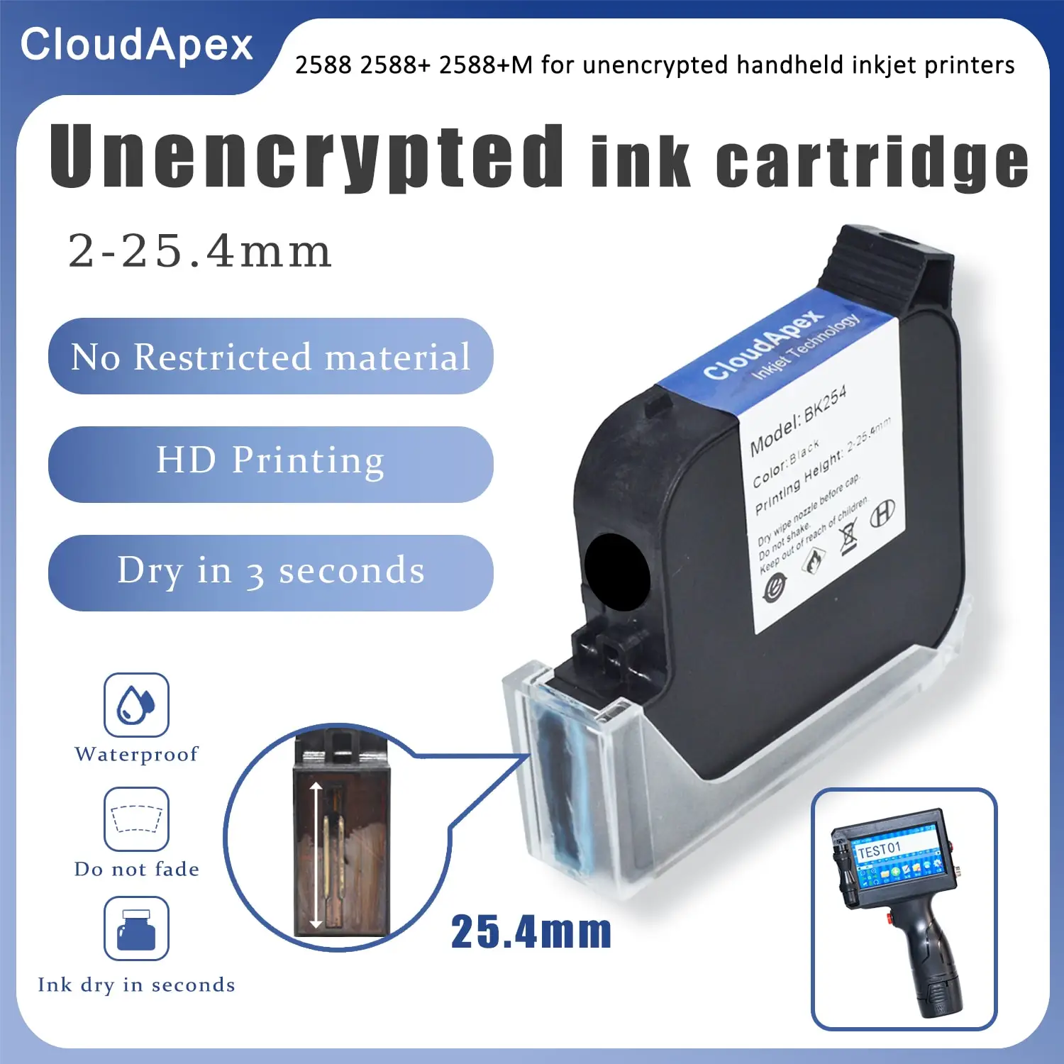 2588+ Black 25.4mm Handheld Inkjet Printer Ink Cartridge 42ML Fast Dry Solvent-Based  Ink For No Encrypted