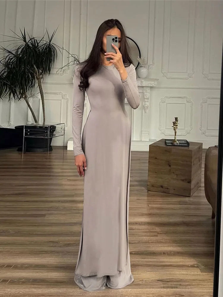 

Nibber Fashion Casual Elegant 2 Piece Set Women o-Neck Skinny High Splits Maxi Dress+Solid Straight Pants Daily Simple Suits