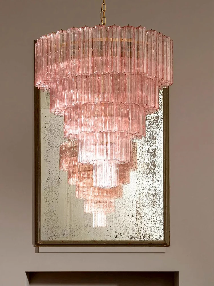 Vintage Texture Glass Transparent Pink Home Chandelier Decorative Big Stair Hanging Lamps for High Ceiling Living Room Lustres