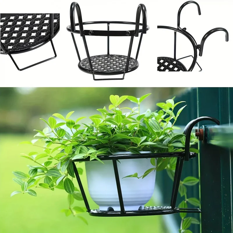 

Black Wrought Iron Metal Balcony Railing Flowerpot Hanging Basket (3pcs)