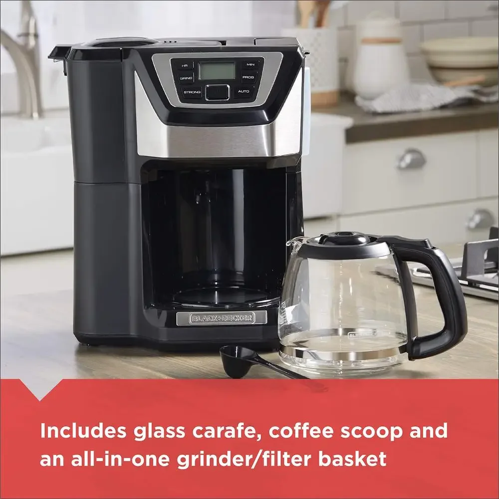 12-Cup Coffee Maker Automatic Grind and Brew Drip Machine Programmable Coffee Grinder Timer Sneak-A-Cup Reusable Filter