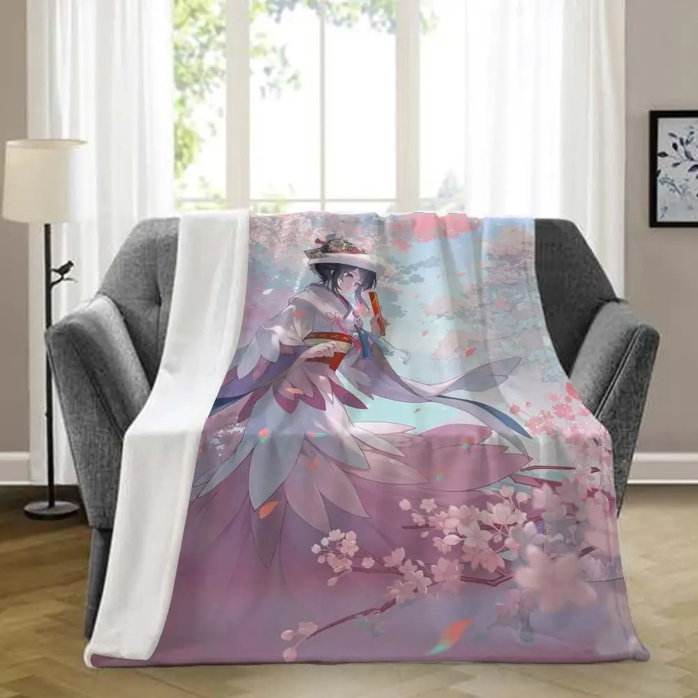 Sakura Girl Throw Blanket, Aesthetic Anime Style Maiden With Cherry Blossom Print Flannel Blanket, Soft Floral Fantasy Decor Bla