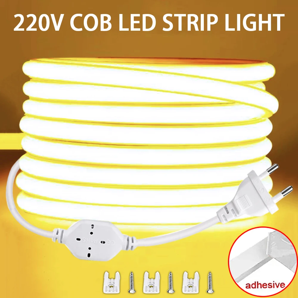 Faixa de LED COB com plugue de energia da UE, luz para quarto, quarto, cozinha, ao ar livre, impermeável, fita flexível, fita, 220V