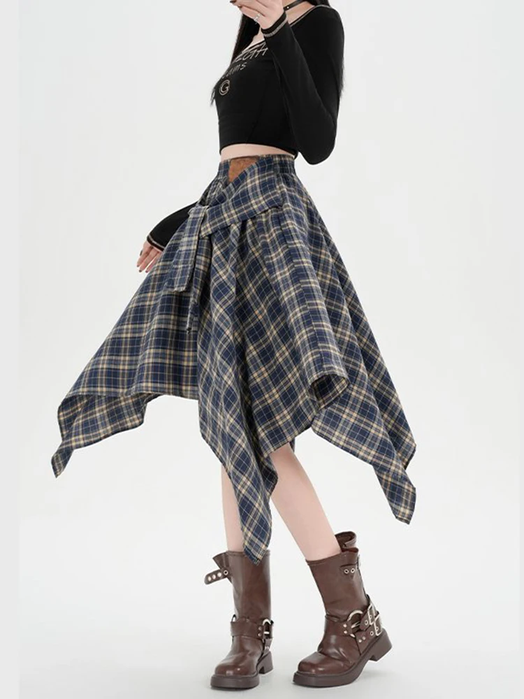 الوافدين الجدد الرجعية منقوشة المرأة غير النظامية تنورة مع ضمادة الخريف موضة فضفاضة عالية الخصر مربوط ميدي التنانير سيدة