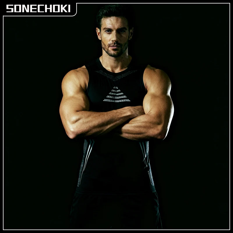 Compression Tank Top Men Gym Shirt Sleeveless Quick Dry Printing Sportswear Male Fitness Bodybuilding Vest Workout Muscle Top