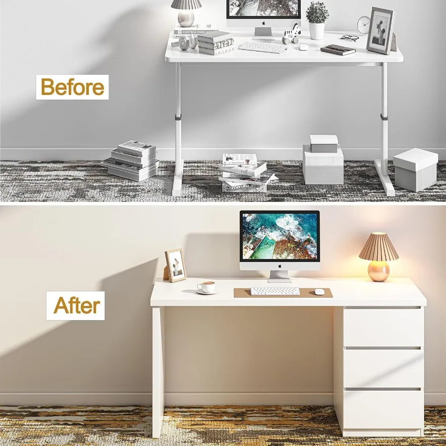 White Desk with Drawers 47'' W Home Office Desk Gaming Table Modern Vanity Desk with Storage Wood Computer Desk Writing Worksta