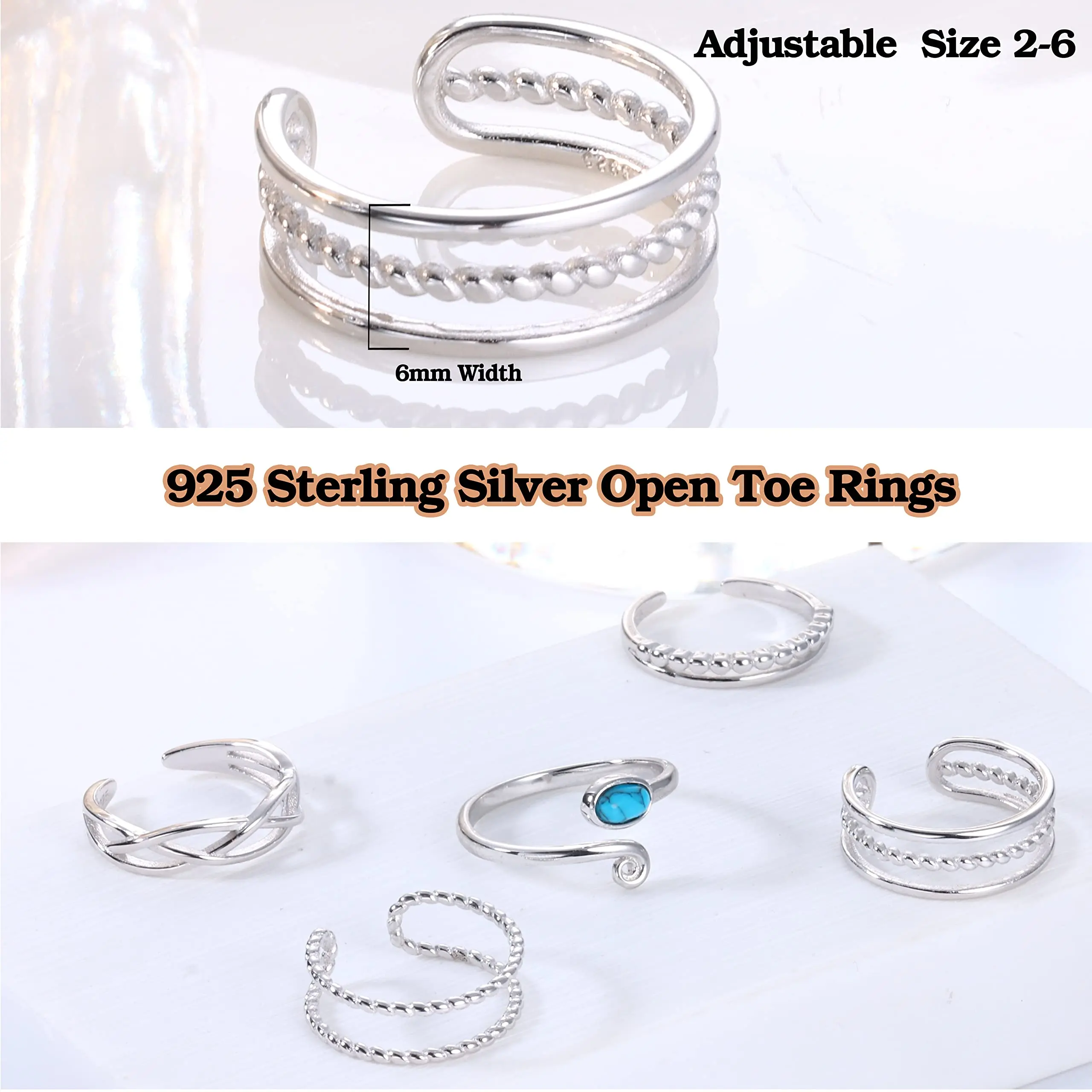 Fansilver s925 Zehen ringe aus Sterling silber verstellbar einfarbig 6mm breit hypo allergene Zehen ringe Vintage Band ringe für Mädchen