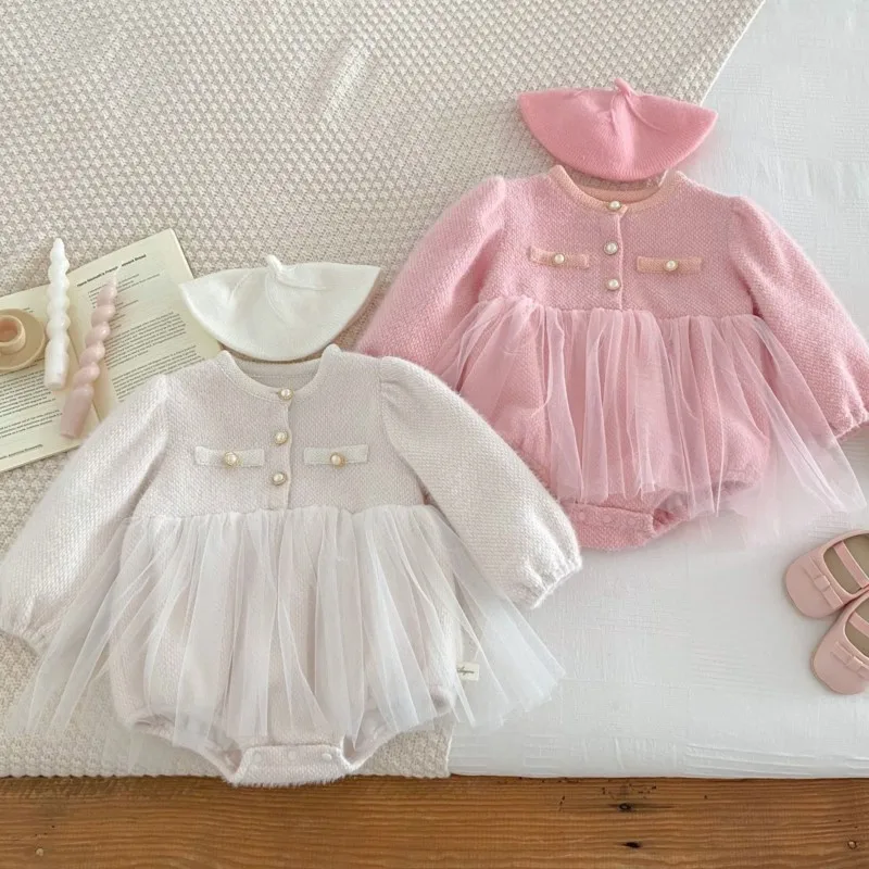 

Newborn Baby Girl Cotton Elegant Tulle Dress Romper Infant Toddler Solid Long Sleeve Lace Jumpsuit Autumn Birthday Clothes 3M-2T