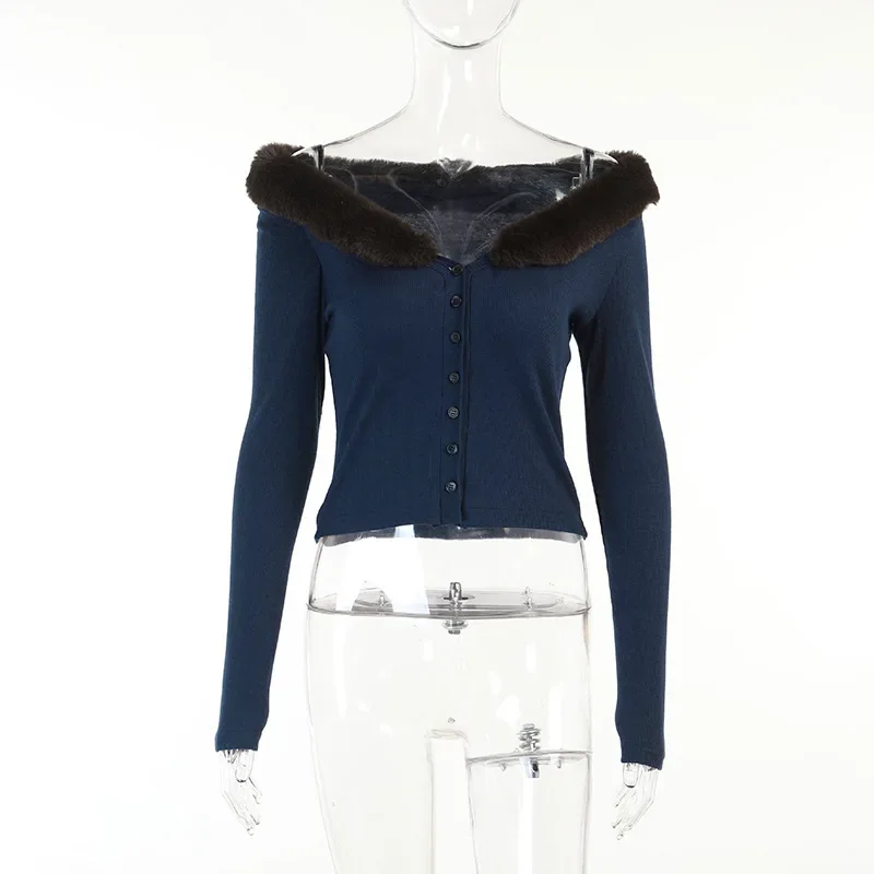 Autumn Long Sleeve Button Up Cropped Cardigan Women Off Shoulder Fur Collar Patchwork New Fairy Y2k Fashion Knitted Sweater Tops