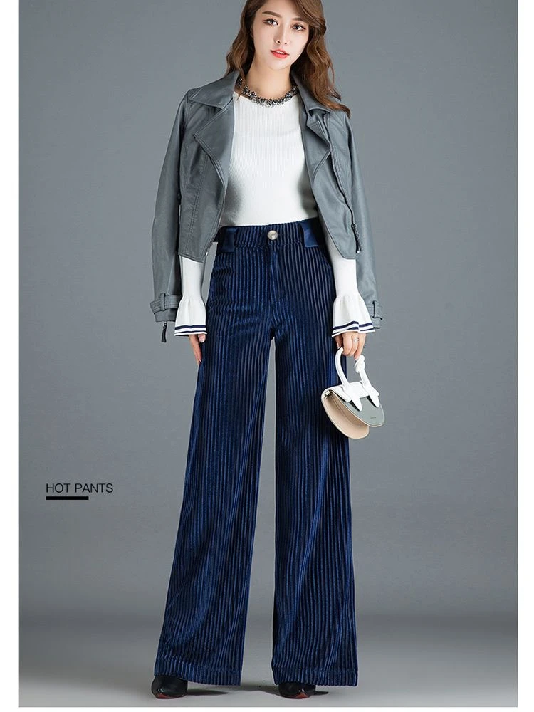 High Waist Wide Leg Pants Women's Gold Thread Velvet Loose Long Drapey Slimming Floor-Length Casual Trousers