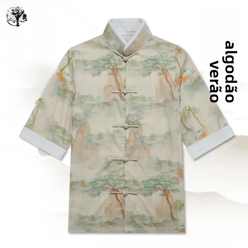 veste-d'ete-legere-en-coton-imprime-shanshu-pour-homme-manches-trois-quarts-haut-decontracte-tenue-quotidienne-tendance-style-ethnique-tang