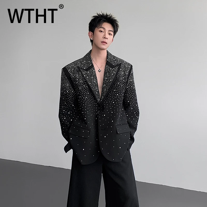 WTHT Fashion Men's Heavy Industy Spliced Diamond Design Blazer Coats Trendy 2025 Autumn Long Sleeves Lapel Jackets Male 2A1484