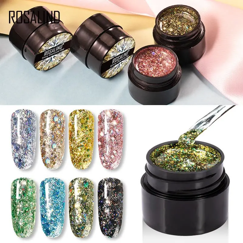 ROSALIND 5ml เงาเจลเล็บภาพวาดเล็บ Vernis กึ่งถาวรเพชร Glitter UV เล็บเจล Top Coat เล็บ