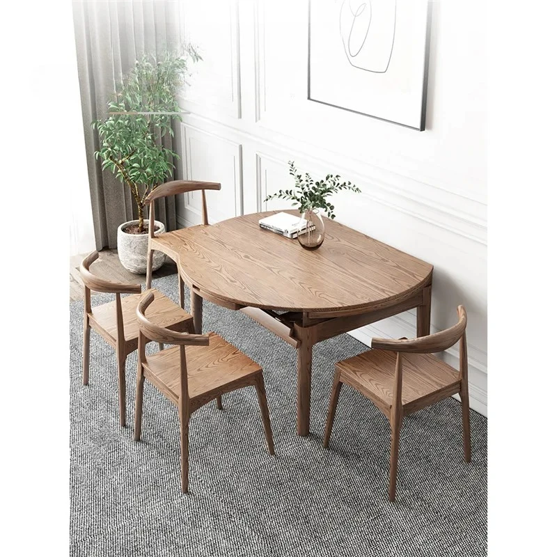 

n Современный простой обеденный стол из цельного дерева, выдвижной обеденный стол, складной круглый обеденный стол и комбинация стульев n