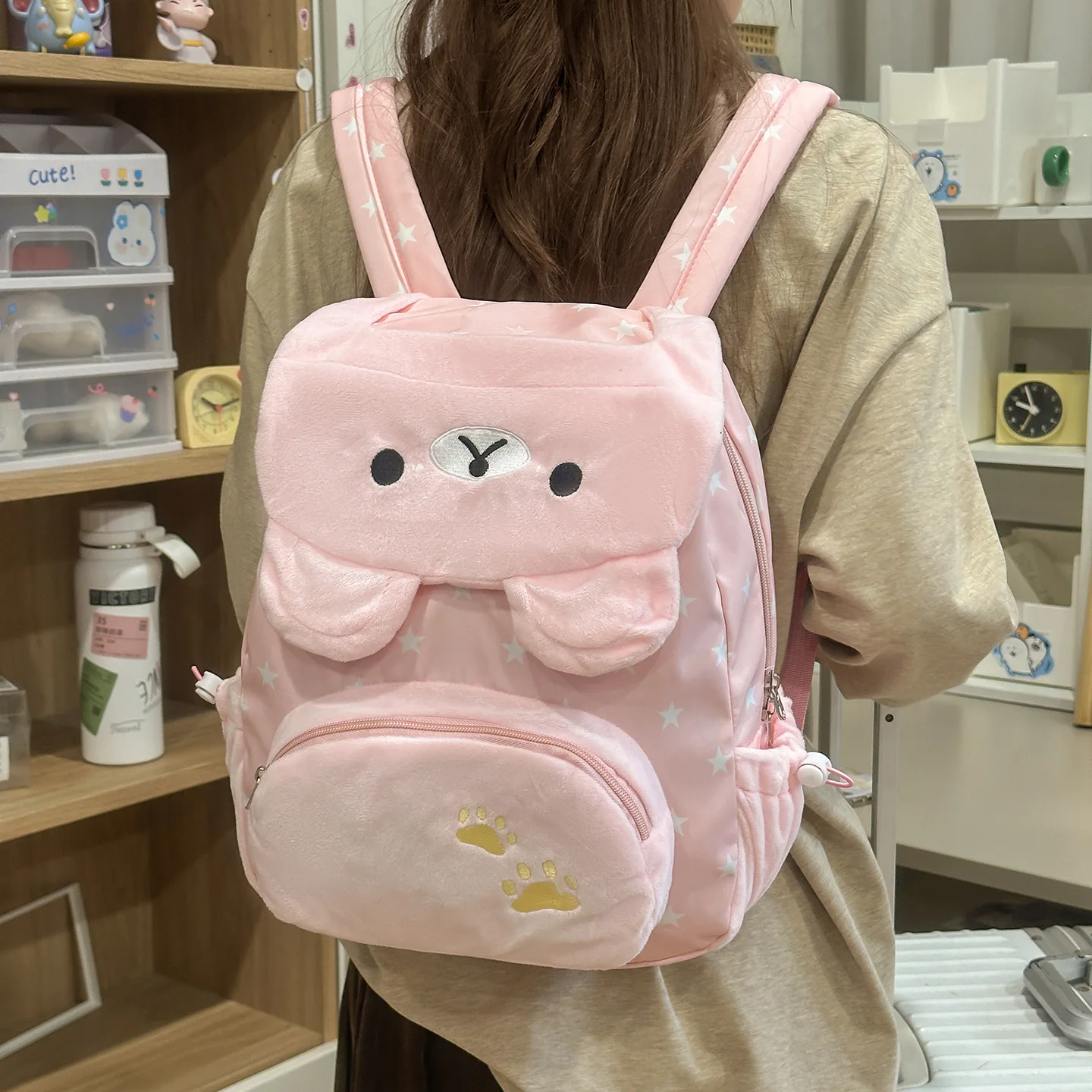Women Cute Cartoon Bear Plush Backpack Star Print School Bag Large Capacity Kawaii Animal Daypack Casual Daily Travel Rucksack