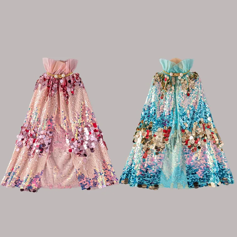 Girls Sequin Princess Cape Cloak Cartoon Princess Glitter Shawl Kids Halloween Costume Birthday Party Dress‑up Accessory A6152