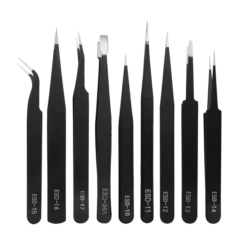 ESD Safe Stainless Steel Tweezers Set - Straight Curved Tips for Precision Maintenance Industrial Electronics Repair Hand Tools