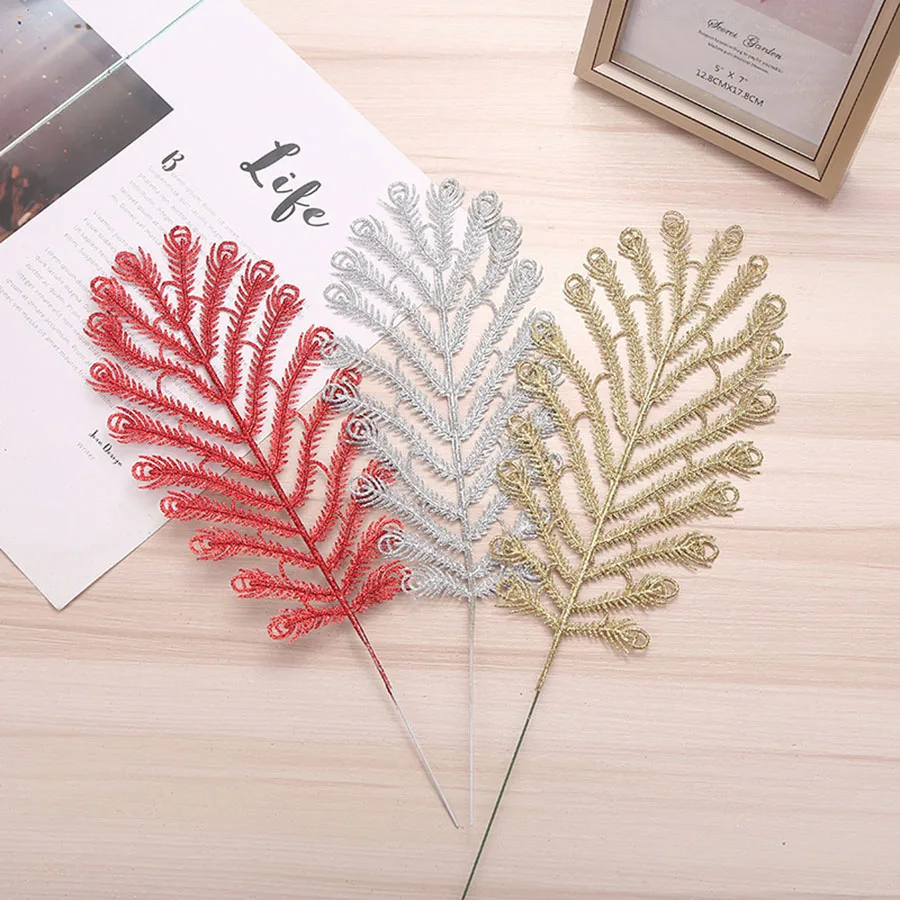 

20 PCS Christmas Tree Decoration Glitter Peacock Leaf Branch Flower Arrangement Golden Flower Party Home Wedding Garden