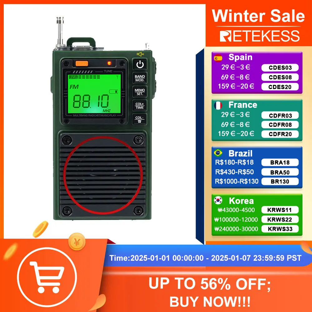 Retekess TR111 Radio FM Portable Radios AM FM Mini Ham Radio Shortwave Emergency Amateur Radio Multiband SW VHF WB Alarm Clock