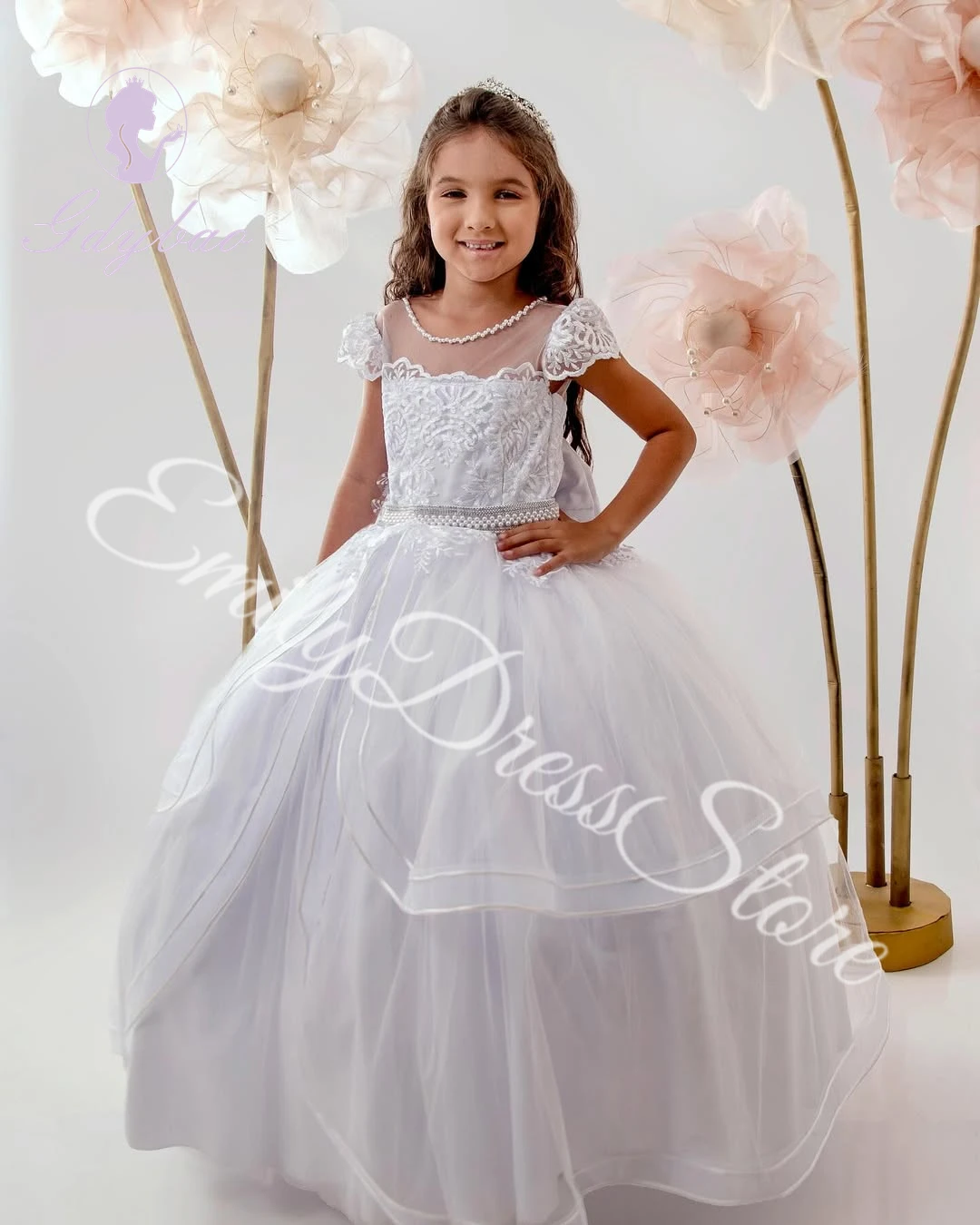 

Белое платье с цветочным узором для девочек по индивидуальному заказу на свадьбу, кружевное пышное платье с аппликацией и бантом из бисера, детское платье для первого причастия на день рождения
