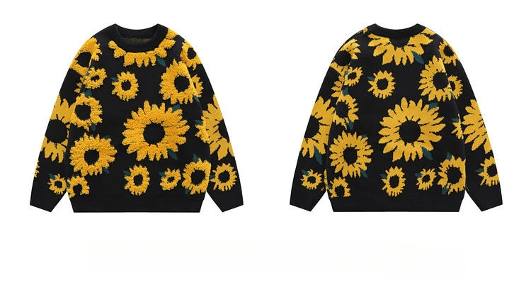 Harajuku New Mens Sweater Sunflower Flocked Round Neck Oversized Sweater Men Ins Style Loose Casual Couple Knitted Pullover Tops