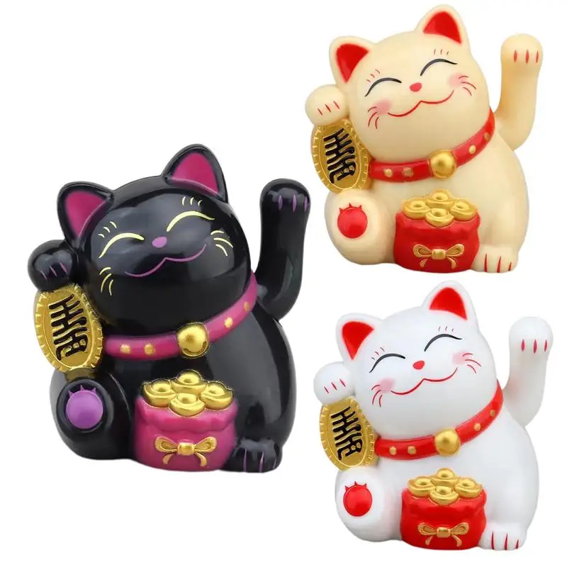 Solar Powered Maneki Neko Lucky Cat Welcoming Chinese Lucky Cat Waving Hand Beckoning Fortune Cat Figurines For Home Decor