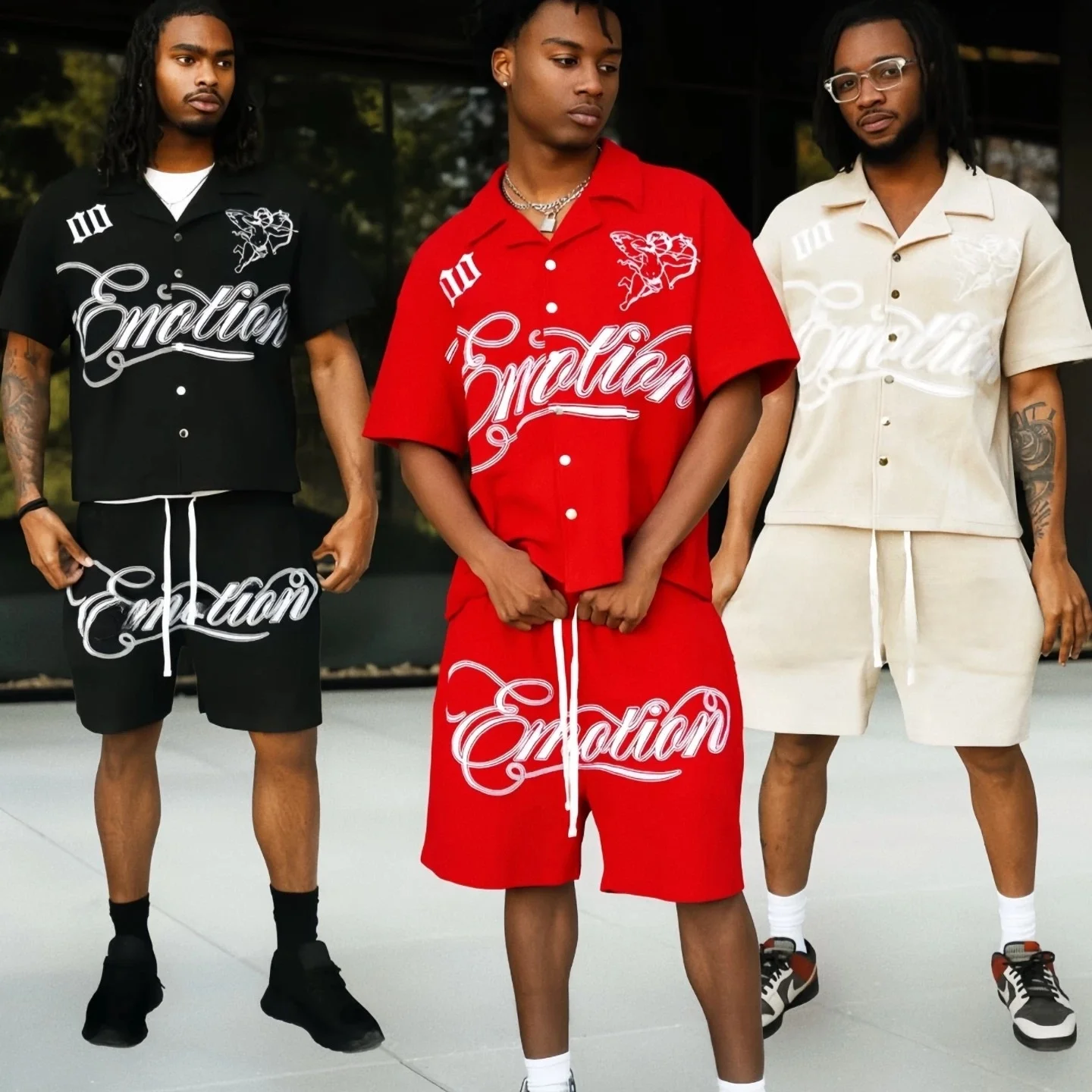 

Mixed Emotion American Street Sle ort Sve irt Set with Embroidered Lettering And Angel Design Breathable Cotton Yout...