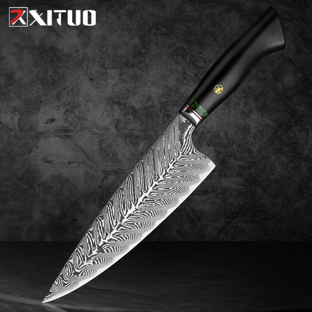 XITUO Damascus Steel 8 Inch Butcher Knife Sharp High Hardness Household Kitchen Knives Utility Cooking Tools Black Ebony Handle