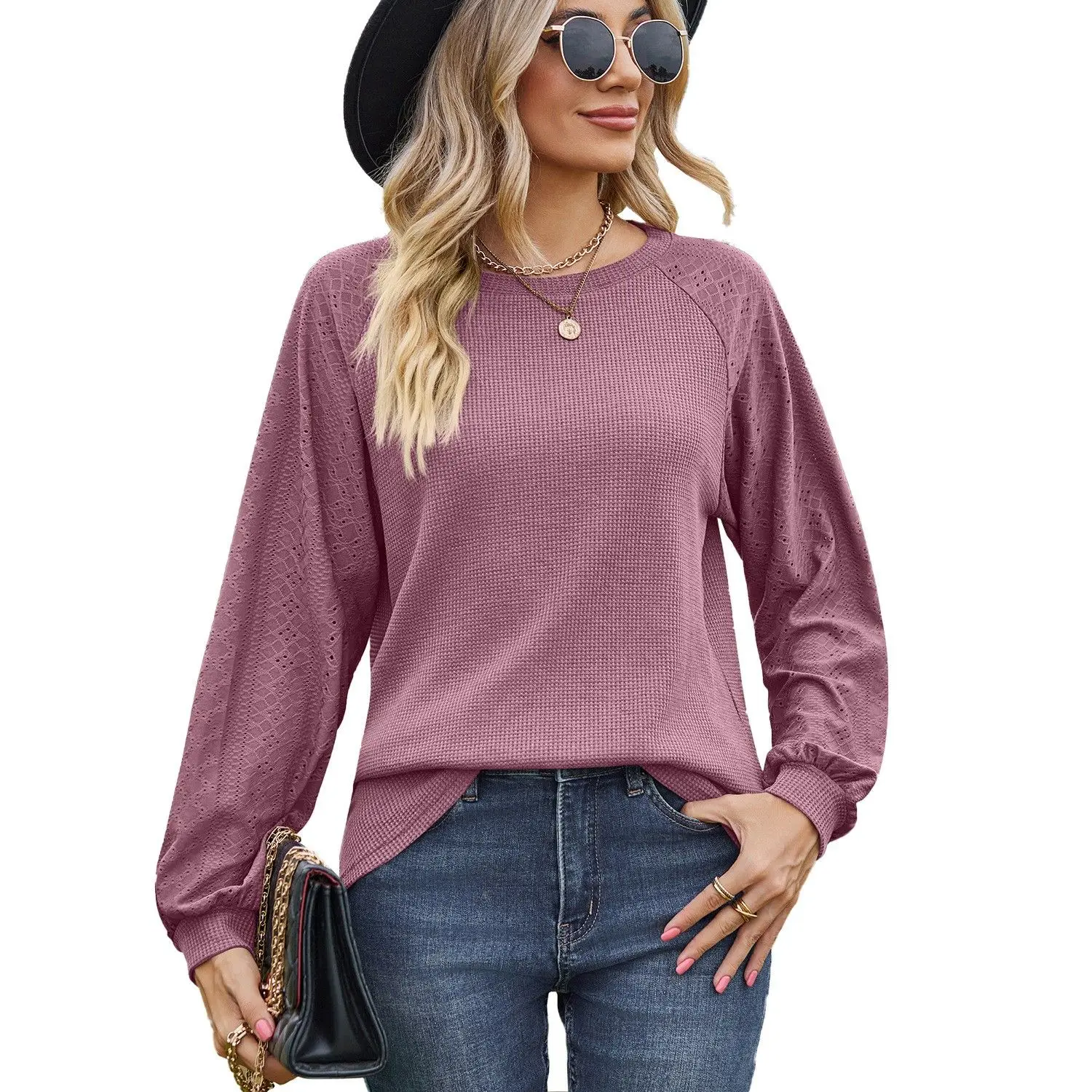 Loose Long Sve round Ne T-irt Women's Pure Color Splicing Oversize Top Autumn Winter New Sle Faion Ladies' Tee