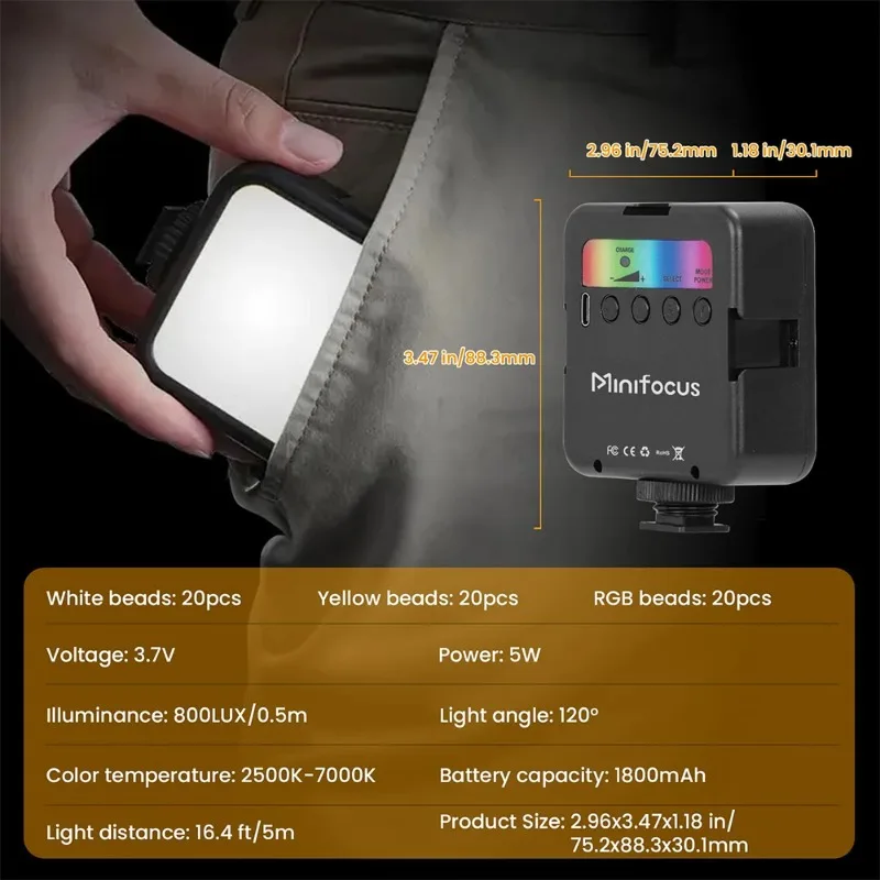 VIKEFON Full Color RGB LED Video Light 2500K-7000K 800LUX Mini Fill 3 Cold Shoe 1800mAh Type-C Pocket Camera Hot Shoe Light