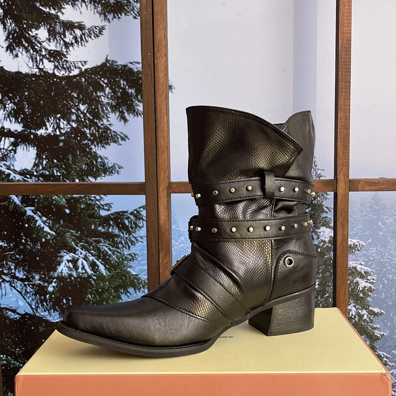 

British Design Folded Western Cowboy Women's 2026 Autumn Skinny Thick Heel Versatile Pointed Knight Boots