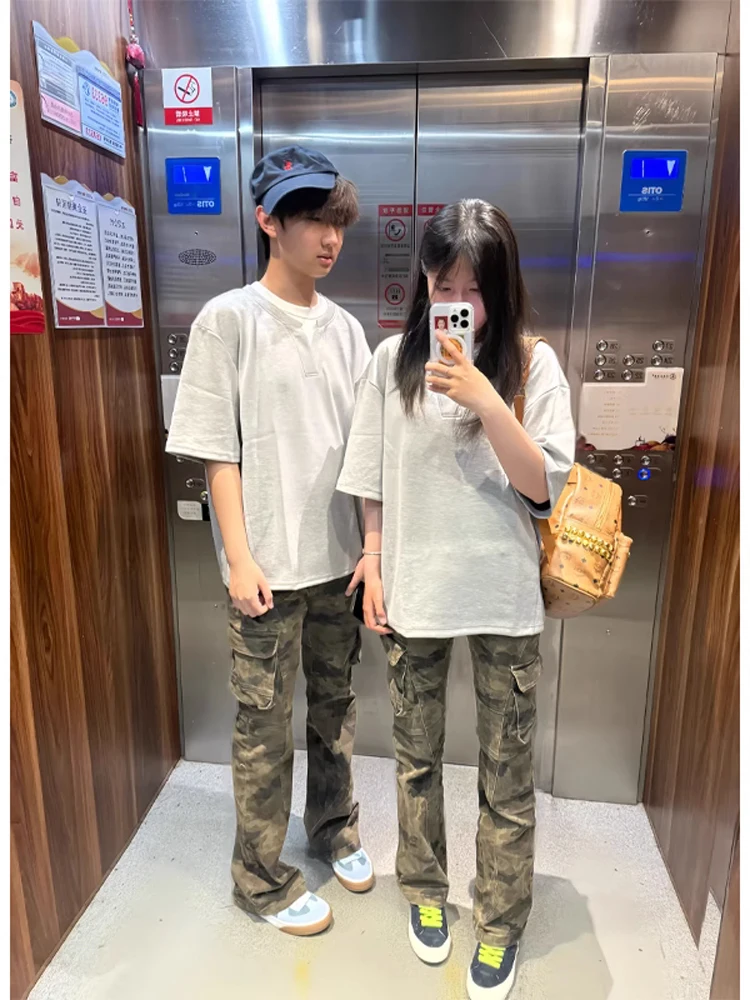 

Камуфляжные рабочие джинсы, мужские американские ретро-брюки прямого кроя для пар, молодежные повседневные износостойкие летние модные брюки