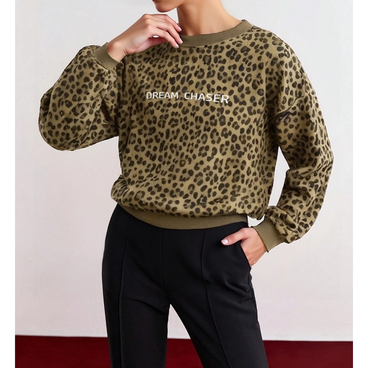 Mia Muse-sudaderas para mujer, Otoño Invierno, básicos salvajes, letras, estampado de leopardo, manga larga, cuello redondo, sudaderas de moda