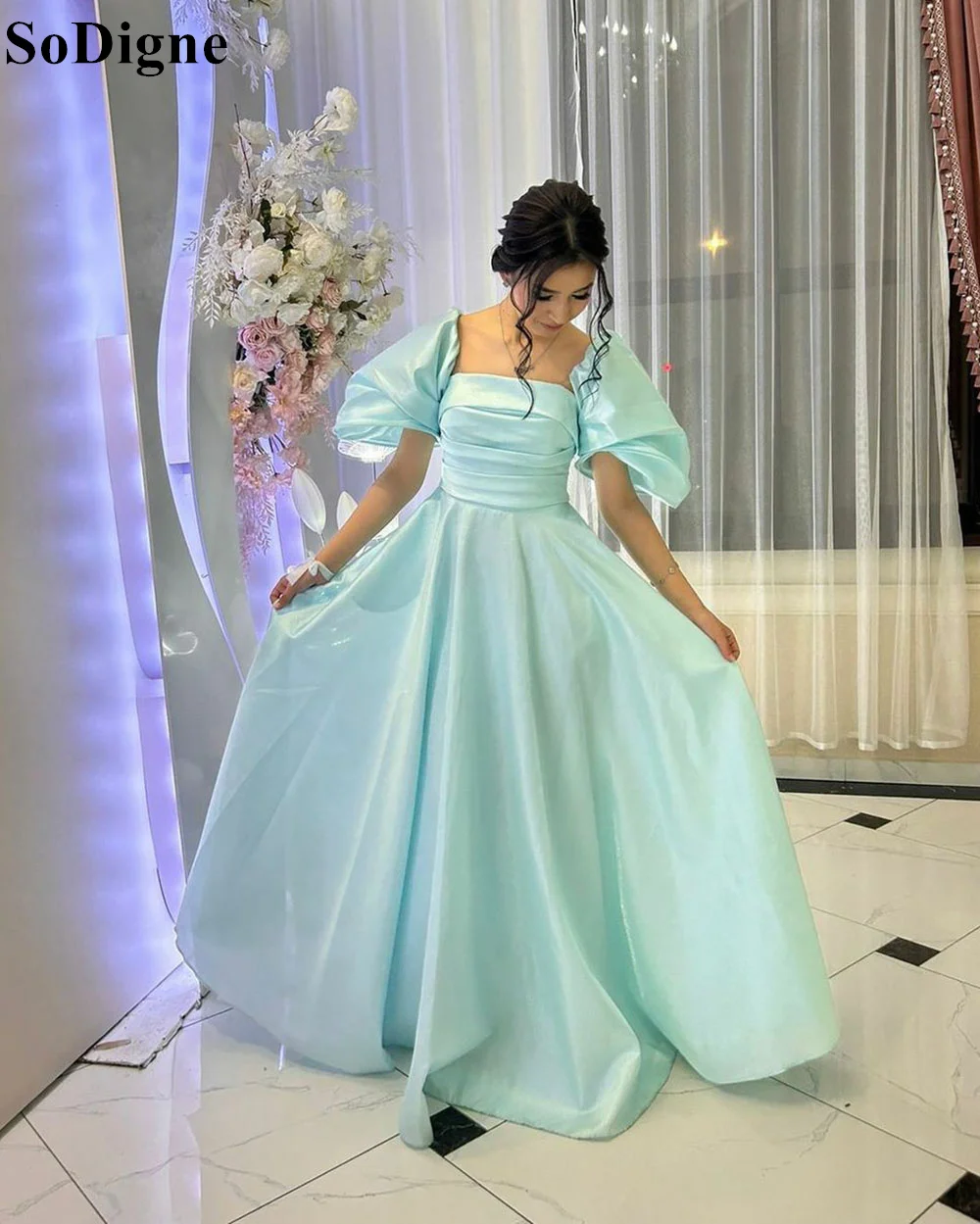 SoDigne Mint Green A-Line Puff Sleeves Satin Evening Dresses 2024 Bridesmaid Dress for Wedding Party Pleated Prom Gown for Women