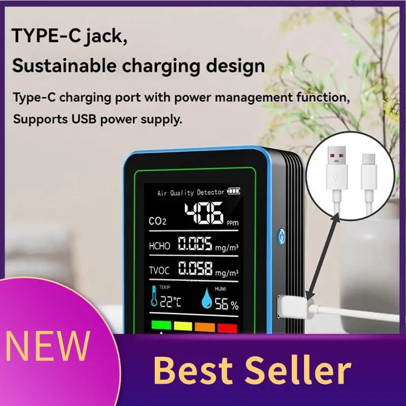 

HFES 5 In 1 Air Quality Monitor TVOC HCHO Temperature Humidity CO2 Meter, USB Rechargeable CO2 Detector
