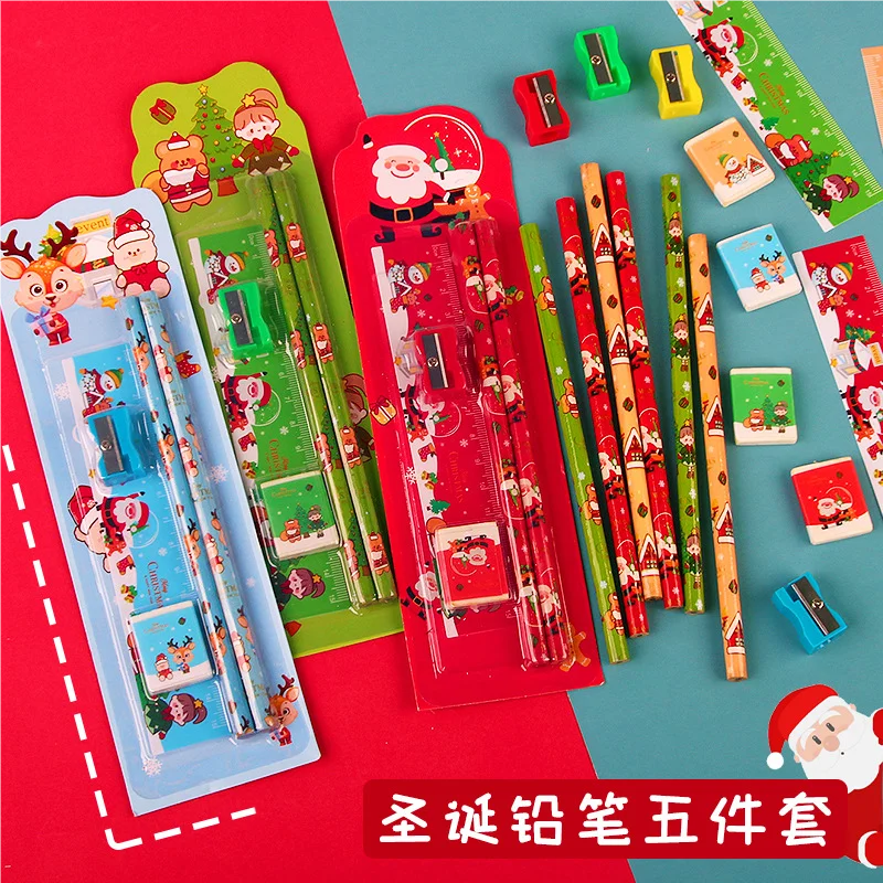 Christmas card suction five piece set, elementary school pencil set, kindergarten activity prize, children's learning stationery