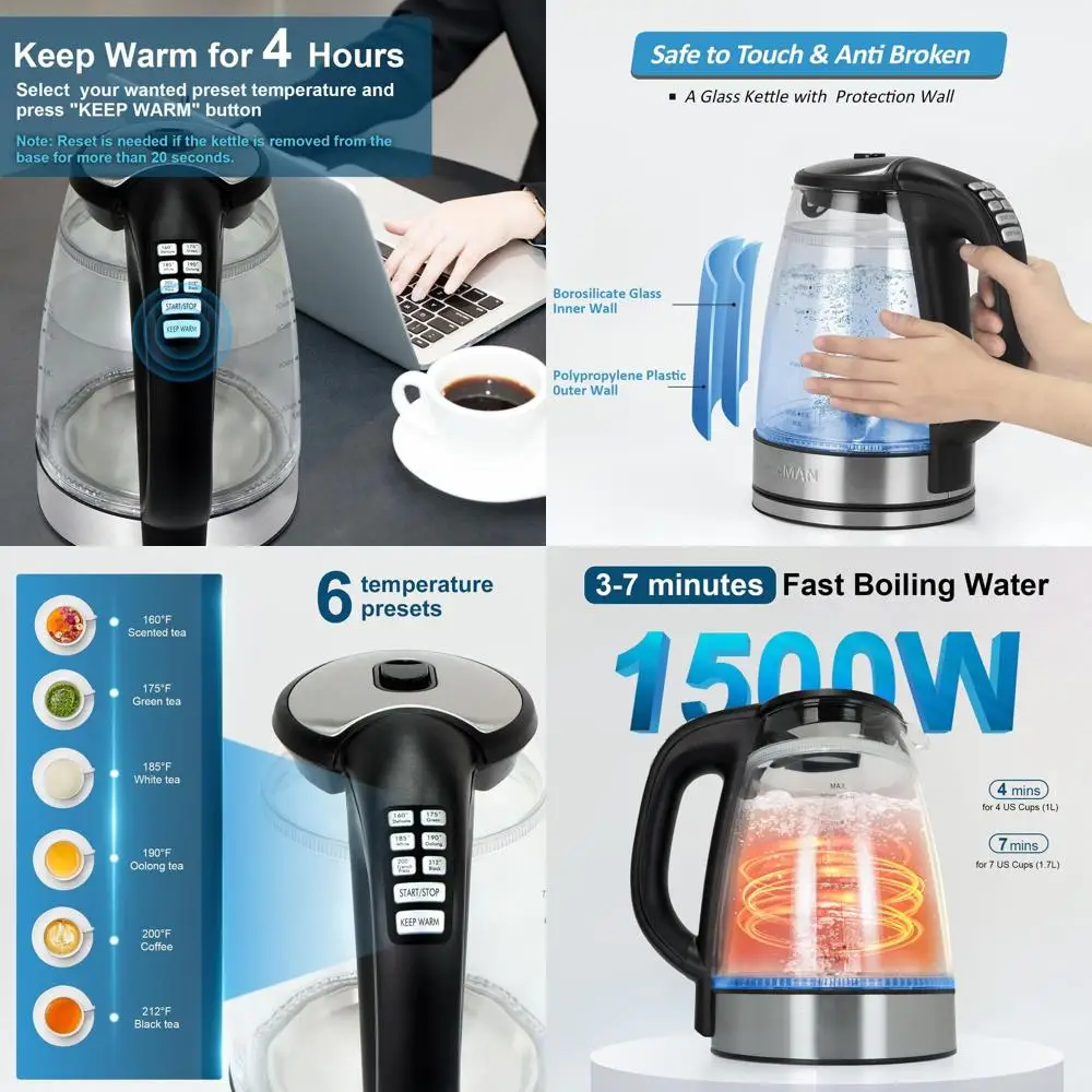 

1500W Temperature-Controlled Electric Kettle with 6 Presets, Double Wall Cool-Touch, 4-Hour Warmth, 1.7L Borosilicate Glass, BPA