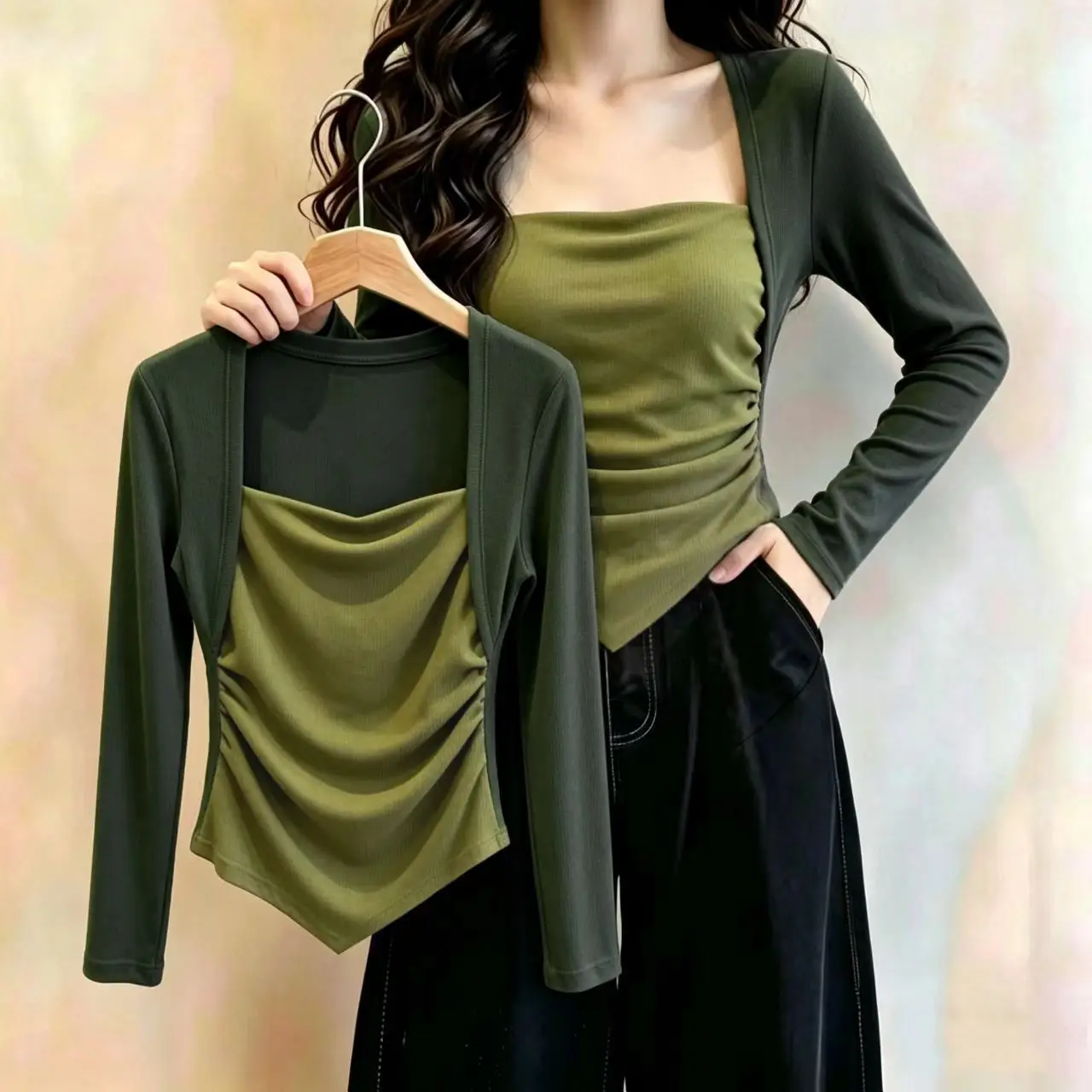 Femme Korean Fashion Patchwork Square Collar Long Sleeve Top Tee Autumn Winter All-match Fashionable Pleated Slim T-Shirts Women