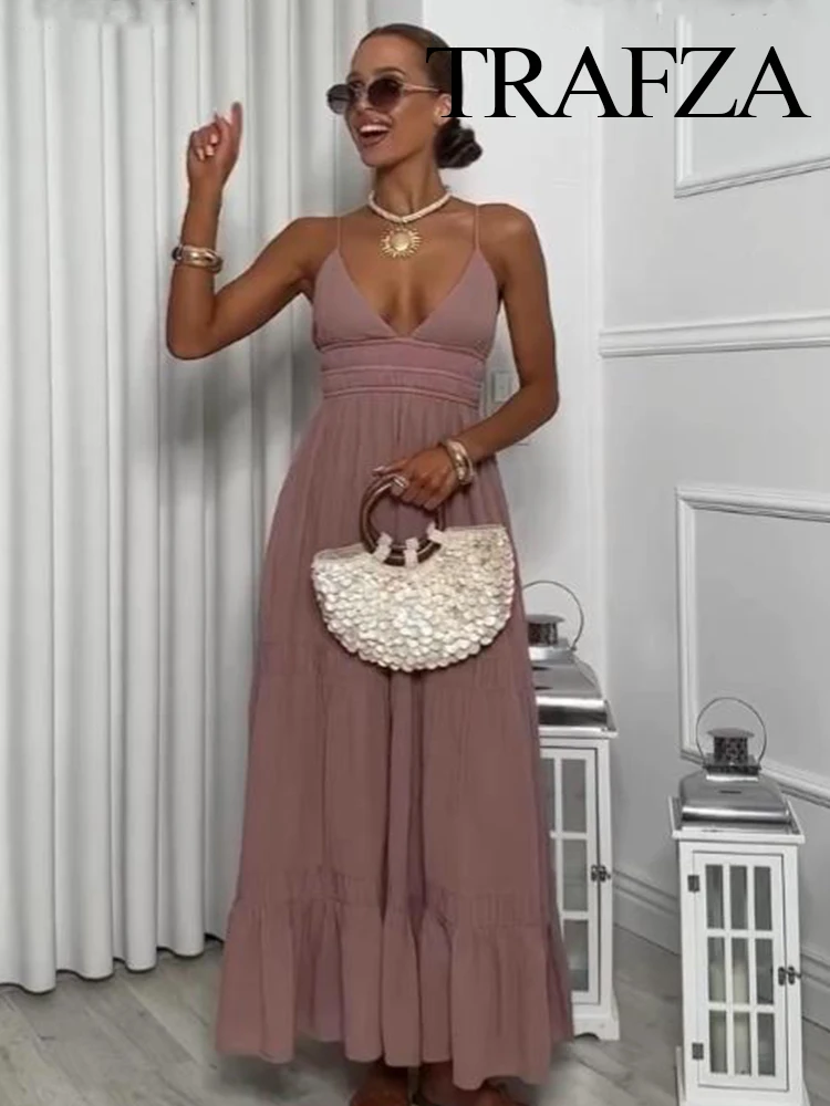 

TRAFZA Women's Summer Vacation V-neck Tulle Sling Dress Female Temperament Backless Sexy Lace-up Sleeveless Ankle Length Dress