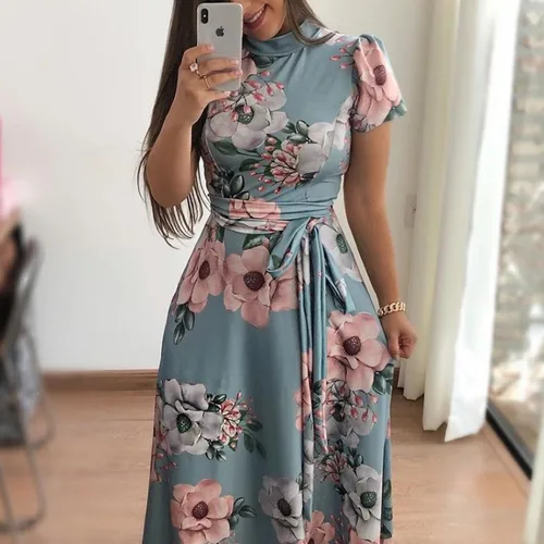 Imagen 2 del producto Vestidos ajustados para mujer, vestido informal de manga larga con cuello redondo y estampado de flores, falda larga hasta el suelo, ropa para mujer