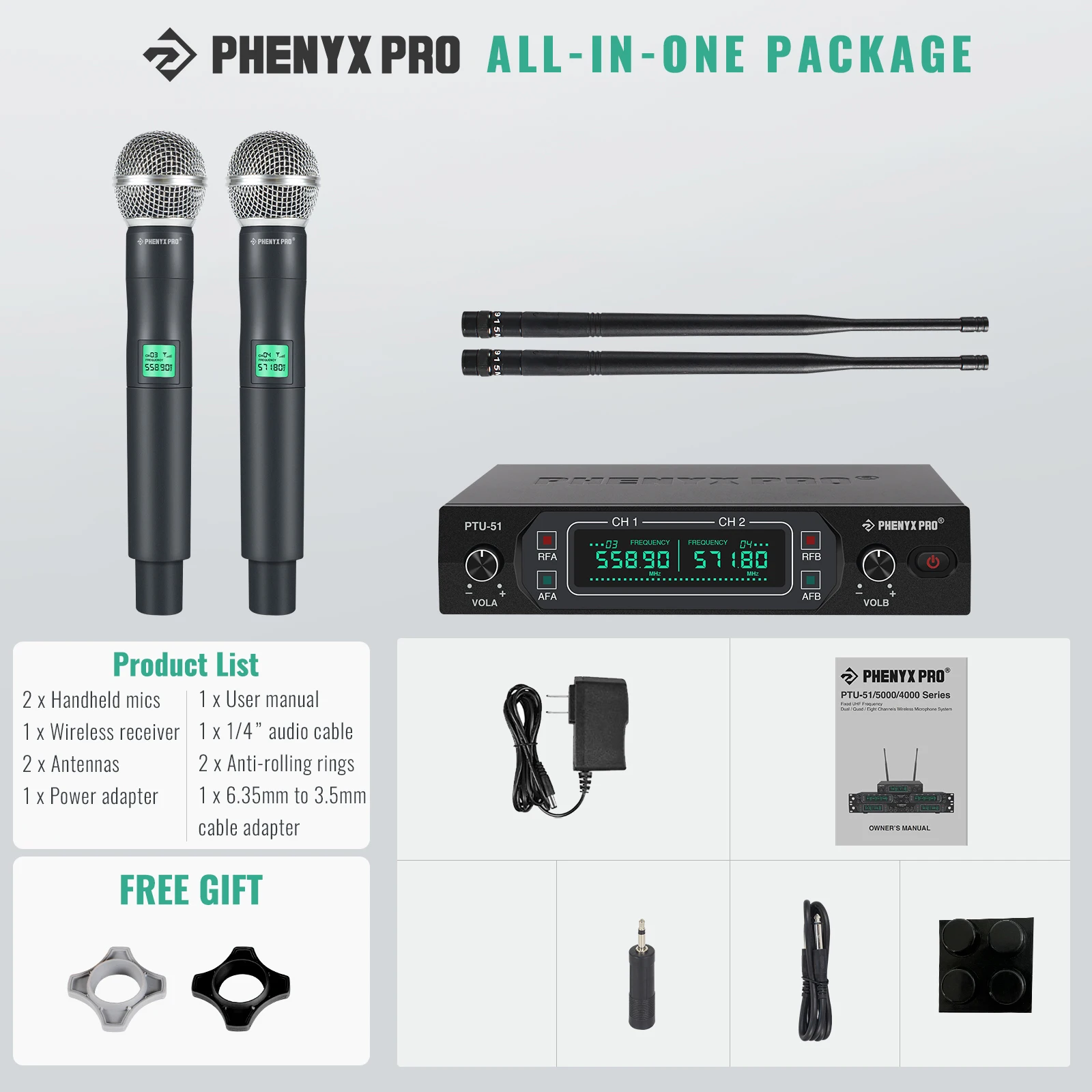 Беспроводной микрофон Phenyx Pro, двойная система, с фиксированными УВЧ частотами, портативный караоке-микрофон, 80 м, для караоке, для дома, для церкви