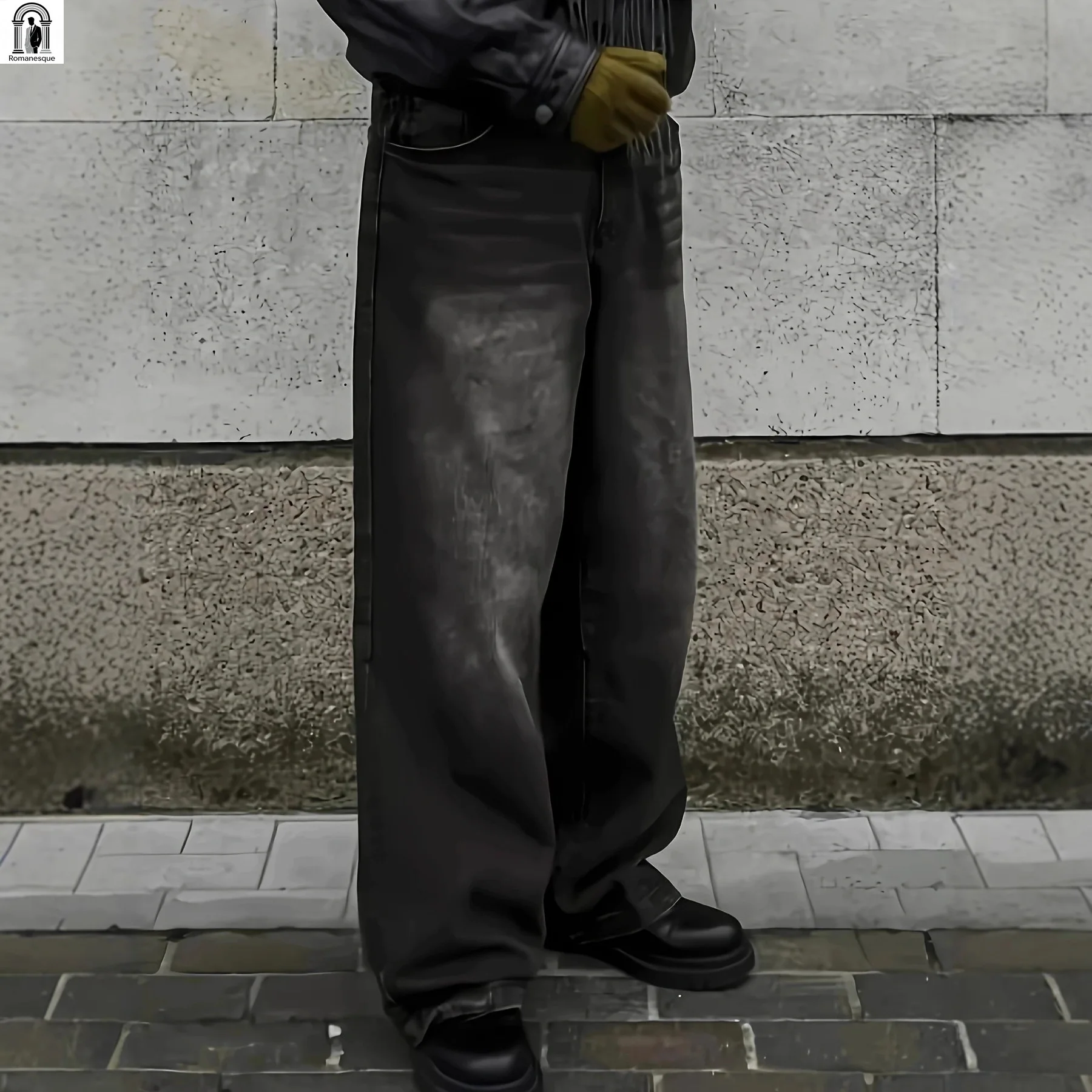 

Винтажные джинсы с эффектом потертости, мужские широкие джинсы свободного кроя | Ретро-брюки в стиле стритвир, широкие джинсовые штаны с эффектом потертости